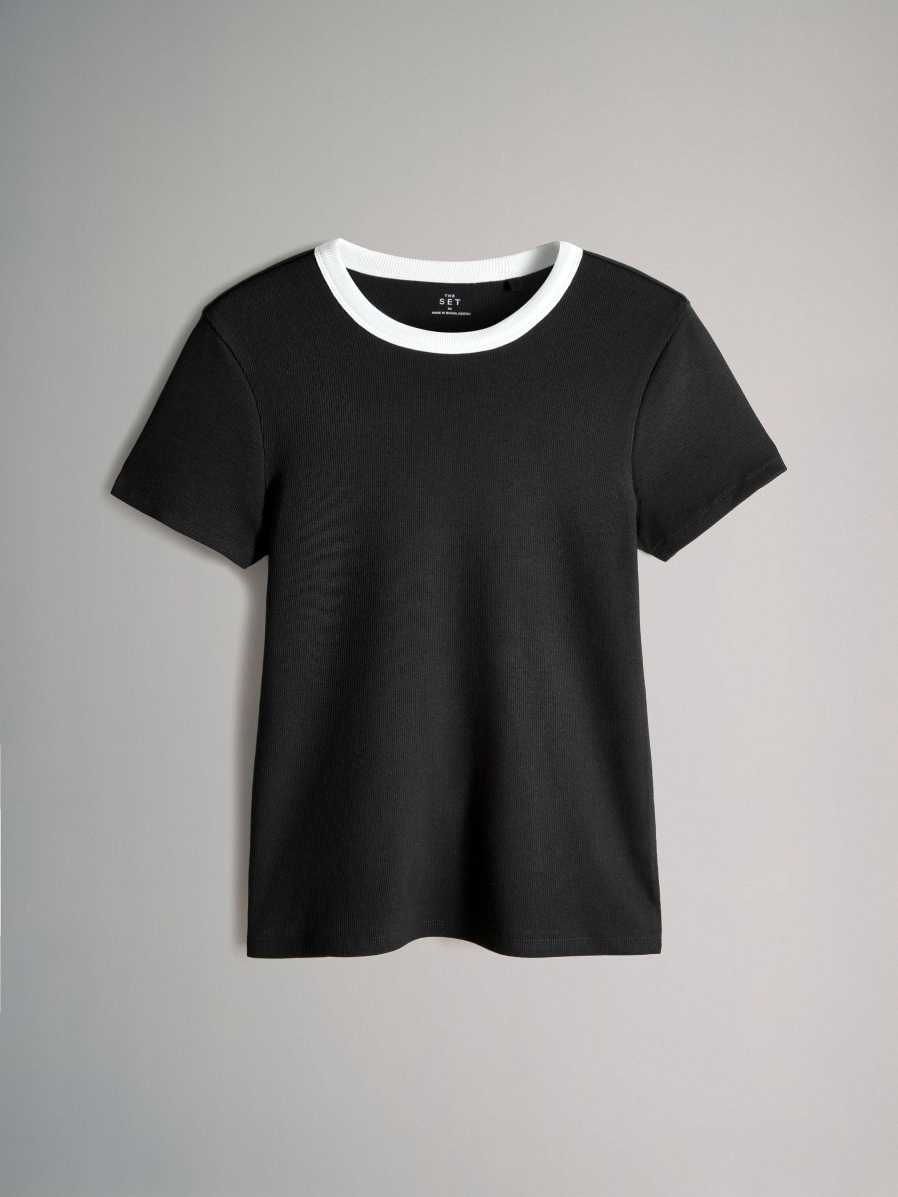 Zwart/Wit/Strepen/grijs - The Set - 4 Geribbelde T-shirts met korte mouwen