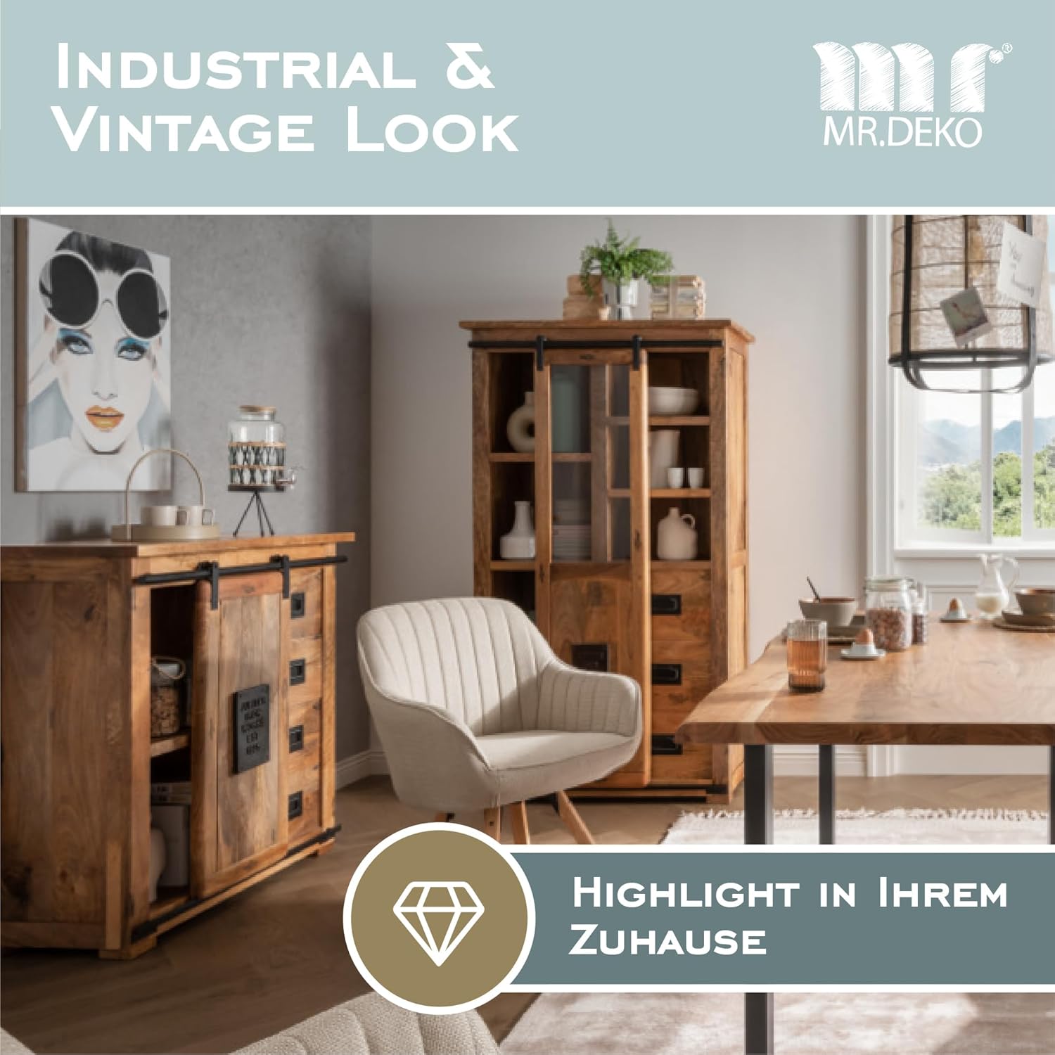 Vitrine Florenz Mango Holz | Vitrinenschrank mit Glas & Schiebetür | Bücherregal im Retro Stil | Schubladenschrank für Wohnzimmer Esszimmer Flur | Massives Sideboard Highboard 100x45x175cm