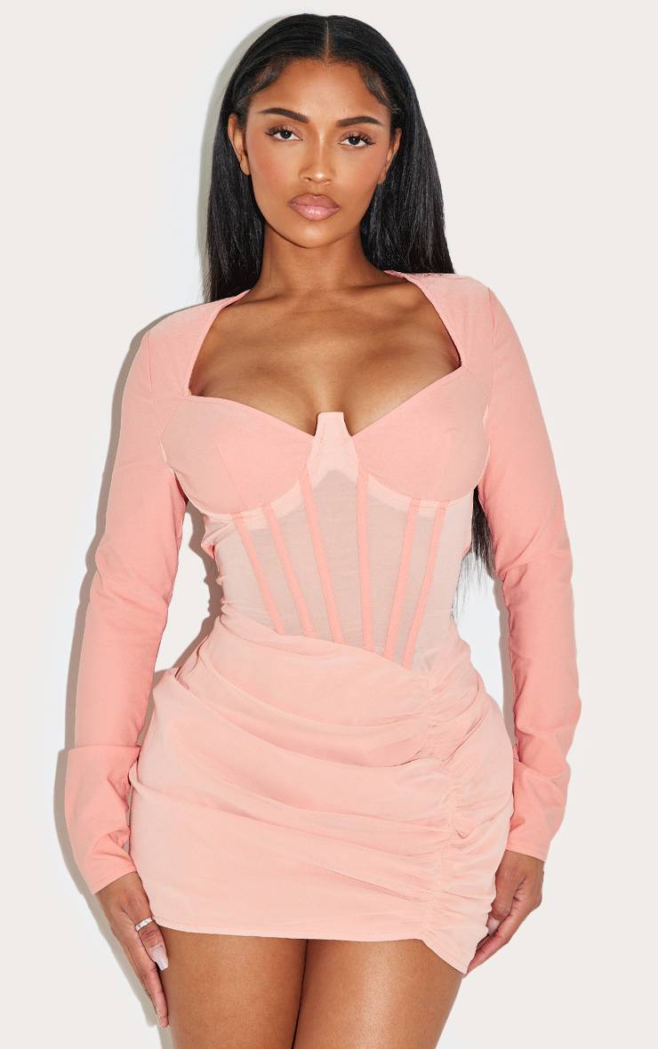 Abricot Robe Moulante Mini À Empiècements Résille Avec Corset Et Fronces Latérales