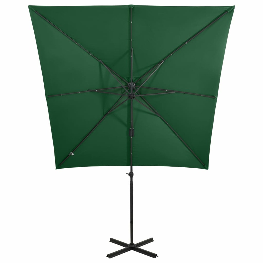 Parasol meuble de jardin déporté avec mât et lumières led 250 cm vert