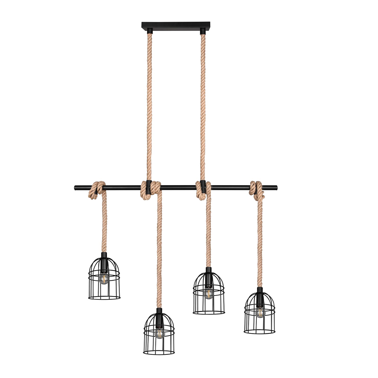 Pendelleuchte - schwarz matt-braun - Metall - Sisal - 4-flammig