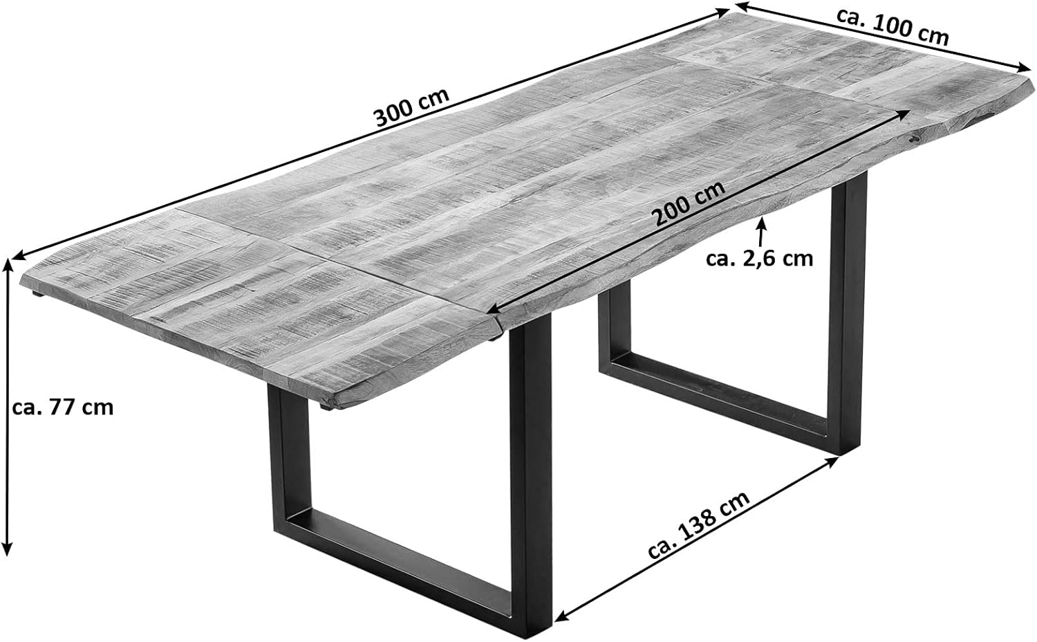 SAM Baumkantentisch 200 (300) x 100 cm Noar, Mangoholz massiv, lackiert & naturfarben, Esstisch mit U-Metallgestell in Mattschwarz, echte Baumkante, inkl. 2 Ansteckplatten