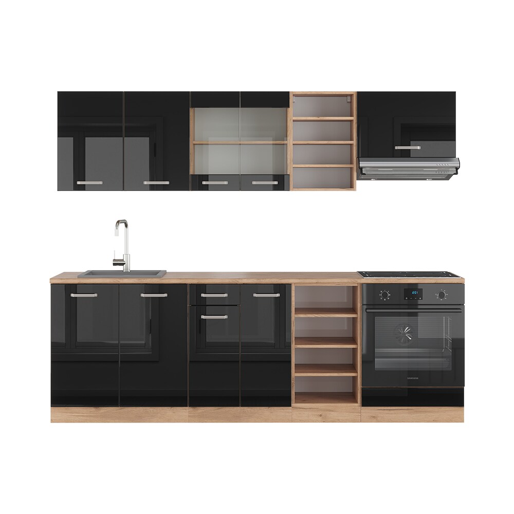 Vicco Küchenzeile R-Line Solid Eiche Schwarz 240 cm modern Küchenschränke Küchenmöbel