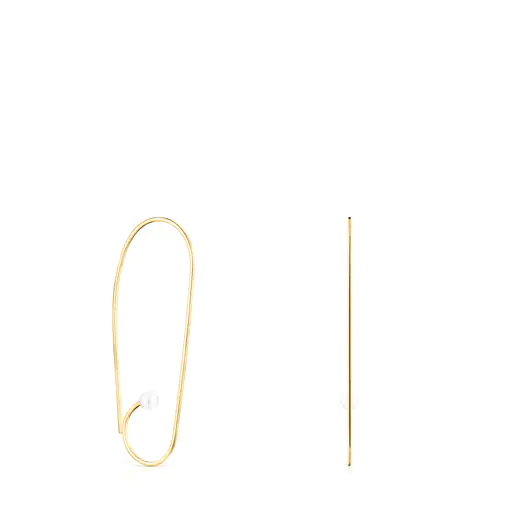 Brincos longos em formato de pétala com banho de ouro 18k sobre prata e pérolas de lírio d'água.