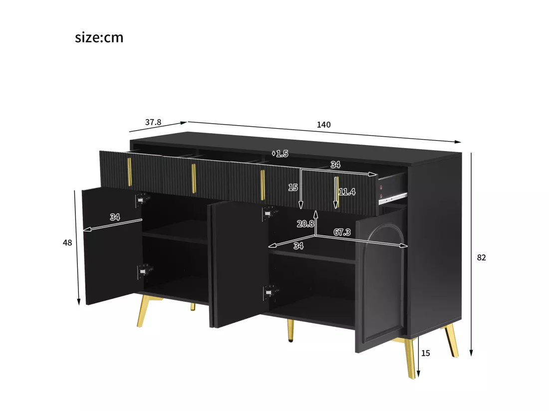Buffet noir 4 portes 4 tiroirs avec poignées et pieds dorés 140*37,8*82cm CHADDANS