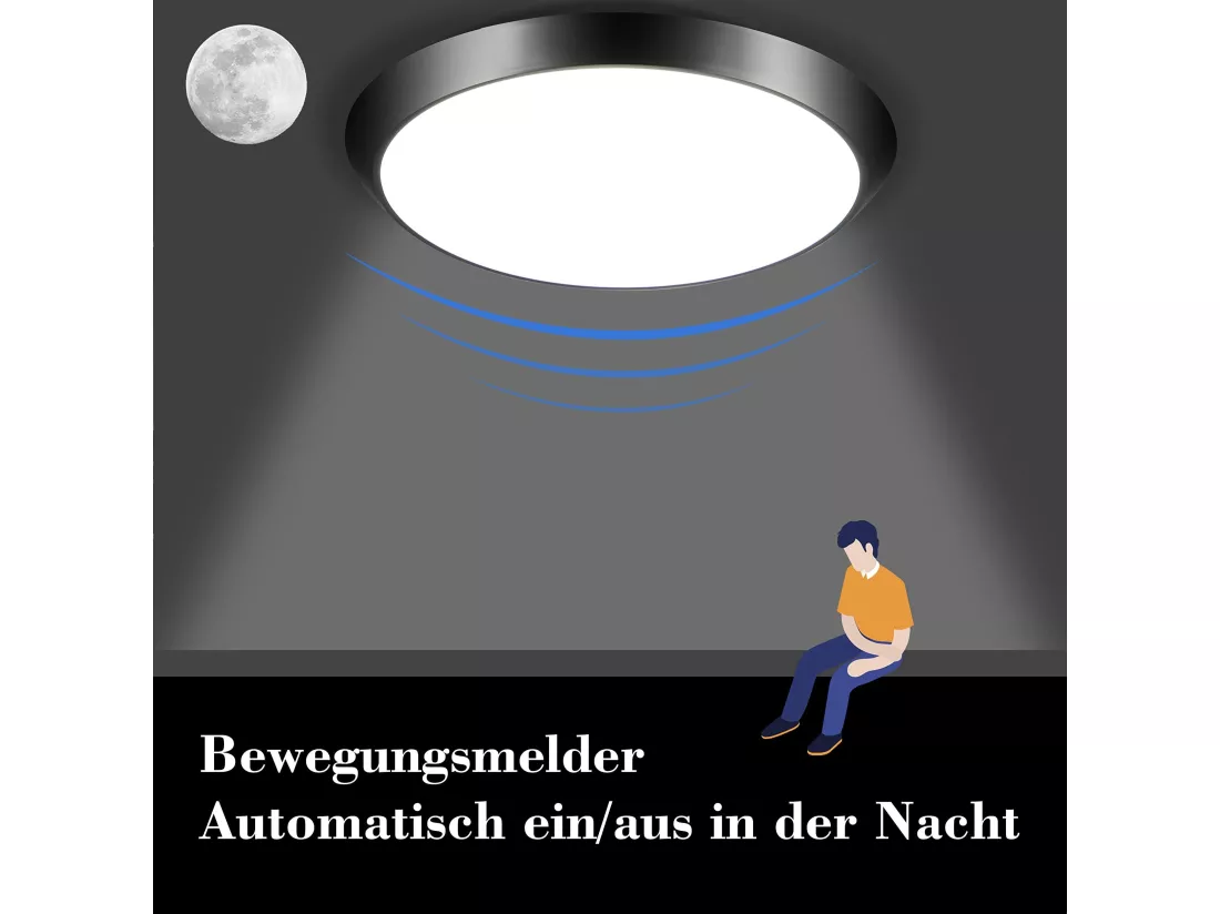 NETTLIFE Plafonnier LED avec détecteur de mouvement intérieur noir IP44 15 W Lampe de cave ronde avec détecteur de mouvement Ø 30 cm 4000 K