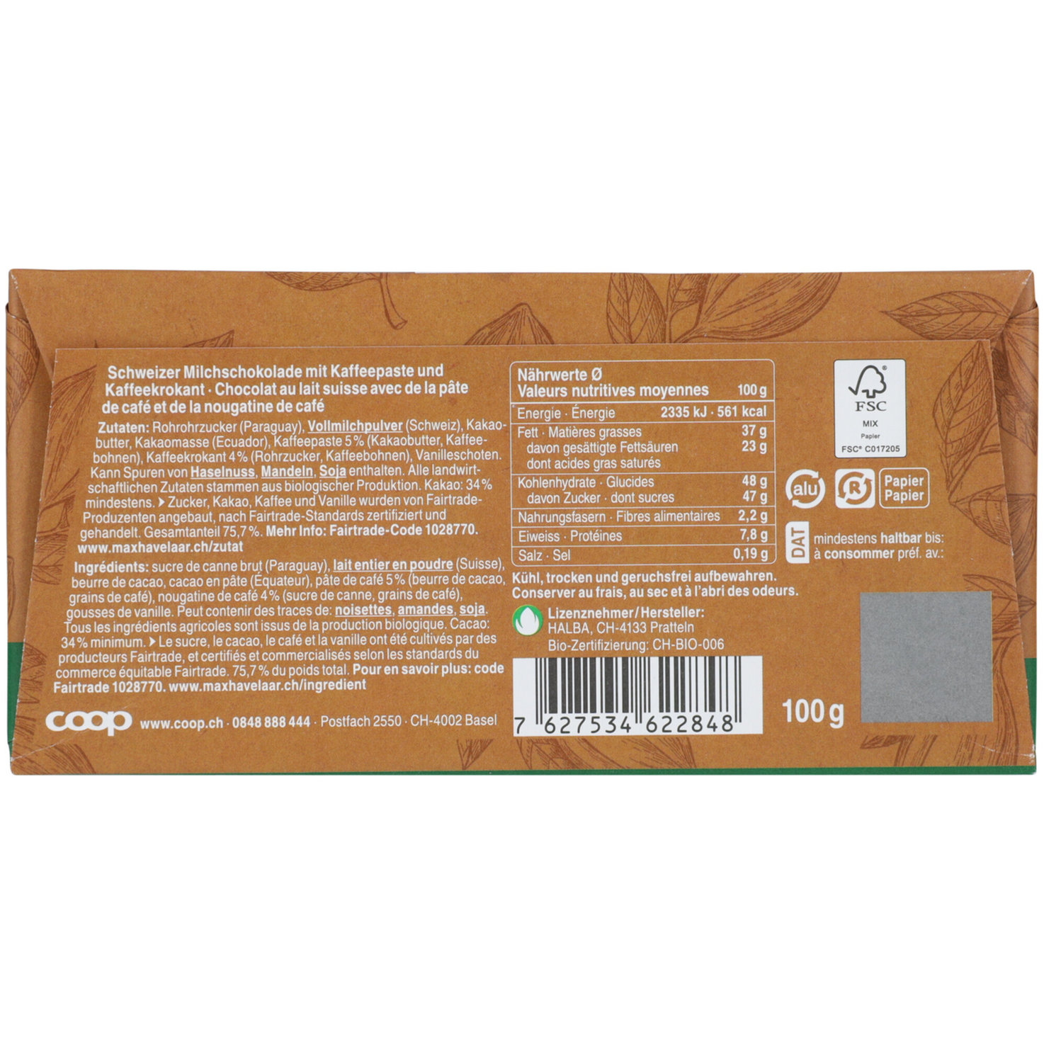 Naturaplan Bio Fairtrade Tafelschokolade Milch & Café Croquant