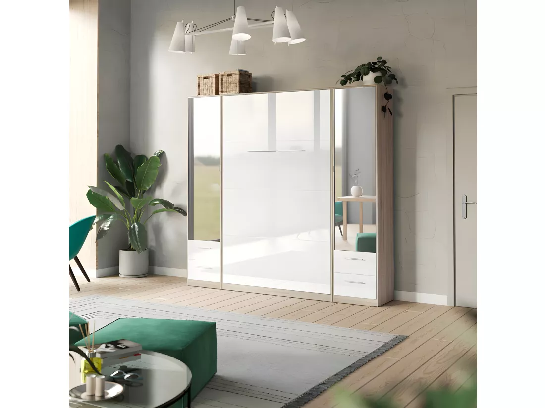 Lit escamotable +2 Placards Vertical 140x200+(50x2)cm Miroir Lit Supérieur Sonoma/Blanc brillant