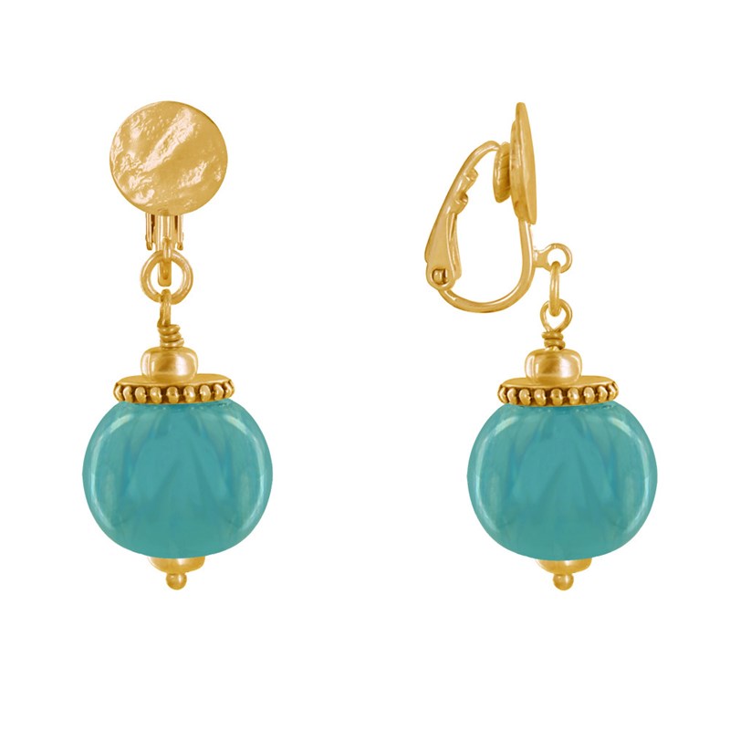 Boucles d'Oreilles Clip Métal Doré et Grosses Perles en Céramique