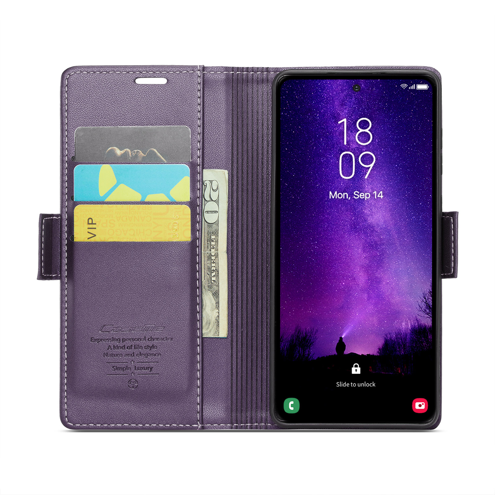 Samsung Galaxy S24 FE Leder Tasche Flip Wallet Etui mit Kartenfächern Litchi Look (RFID Schutz) - Violett