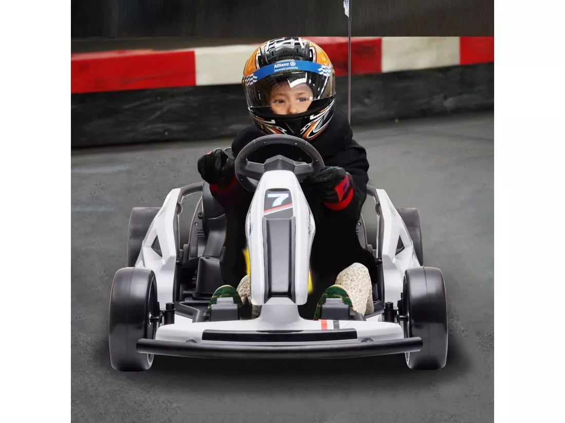 HOMEMiYN Kart électrique de drift 24V 13 km/h avec démarrage progressif, musique, klaxon, ceinture de sécurité pour enfants de 8 à 12 ans, (Blanc).
