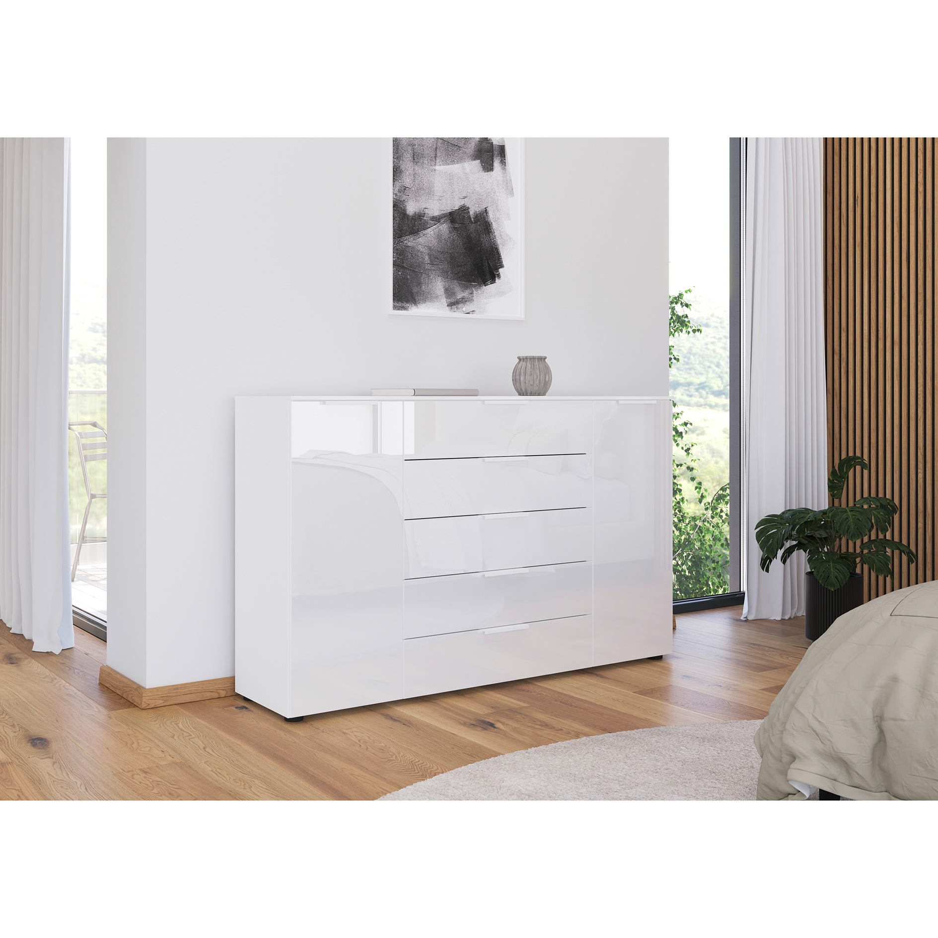 Kommode - alpinweiß-Kristallweißglas - weiße Griffe - 160 cm