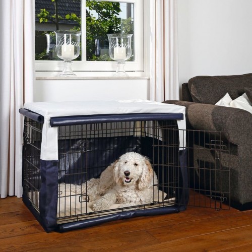 Capa para gaiola de cachorro azul e bege