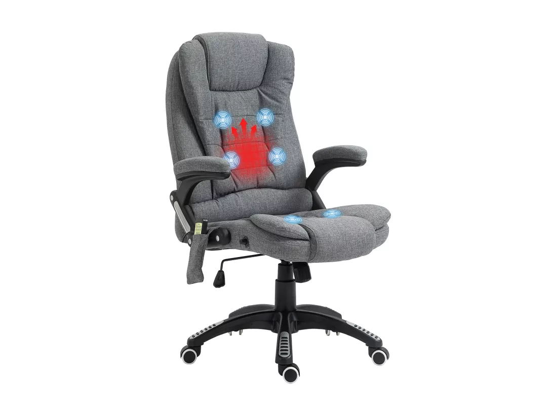 Fauteuil de bureau direction massant chauffant hauteur réglable dossier inclinable toile de lin gris chiné