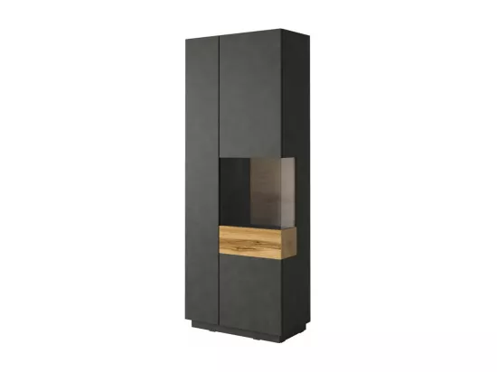 Vitrine collection KILES coloris gris anthracite et chêne. Modèle vitrine à droite. LED intégrée