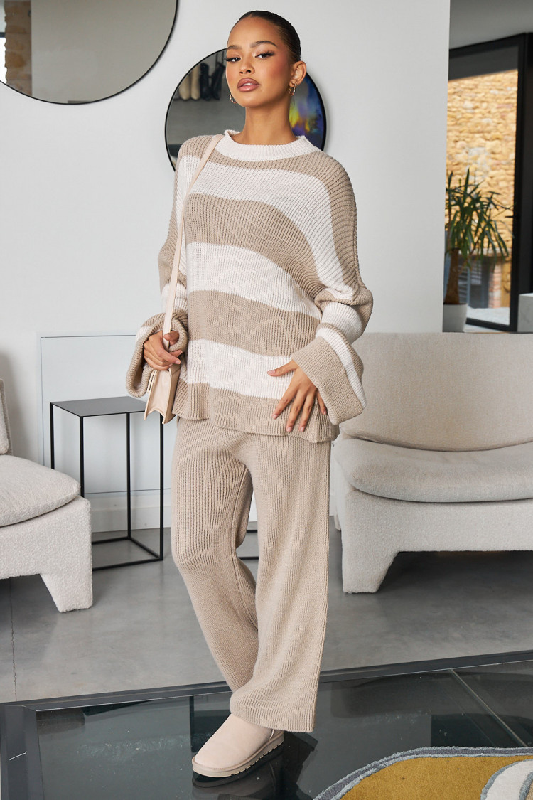 Ensemble 2 pièces pull + pantalon bicolore taupe/beige