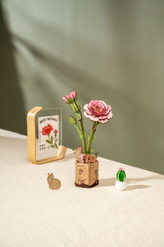 (124-tlg. Set) Rowood 3D Holz Puzzle DIY Modell Bausatz Home Deko Blume für Erwachsene (TW051) - Pinke Nelke