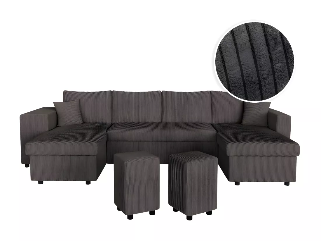 Canapé panoramique Oslo convertible avec 2 coffres, 2 poufs à gauche en velours côtelé Gris anthracite - L311 x P146 x H81cm - Loungitude