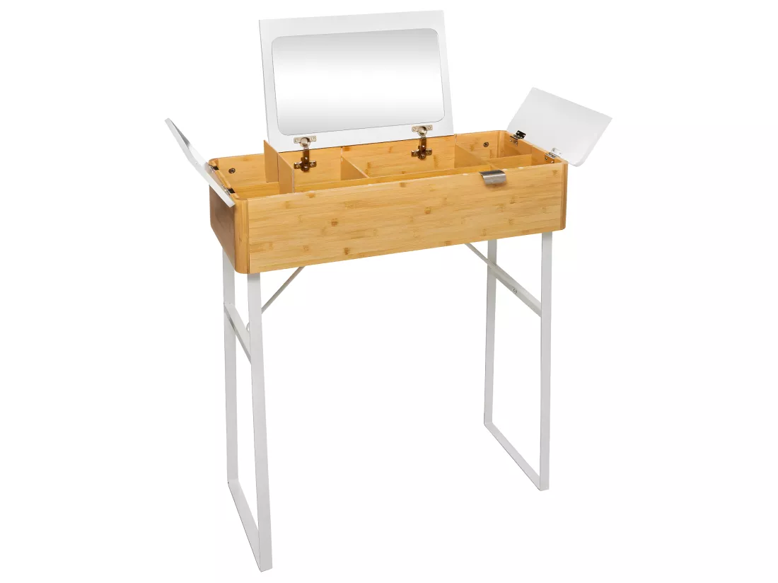 Meuble Coiffeuse 3 ouvertures indépendantes avec Miroir intégré en Bambou et Métal