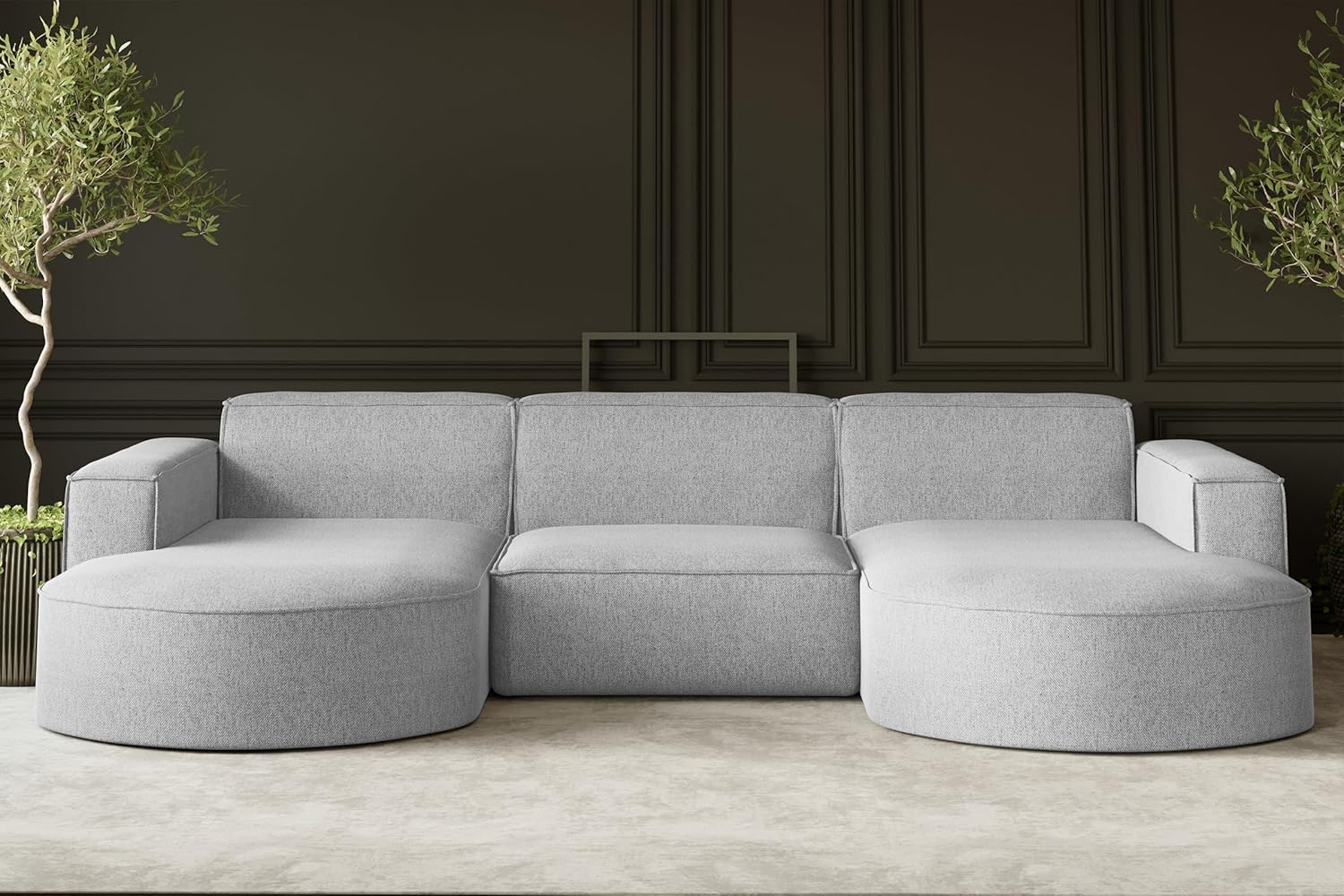 Kaiser Möbel - Ecksofa mit Wohnlandschaft, Sofa U-Form, Polstersofa, Bequemes Couch mit Ottomanen für Wohnzimmer, Relaxsofa, Bigsofa, Lounge-Set U Form, Verita Stoff, Modena U Studio, Grau