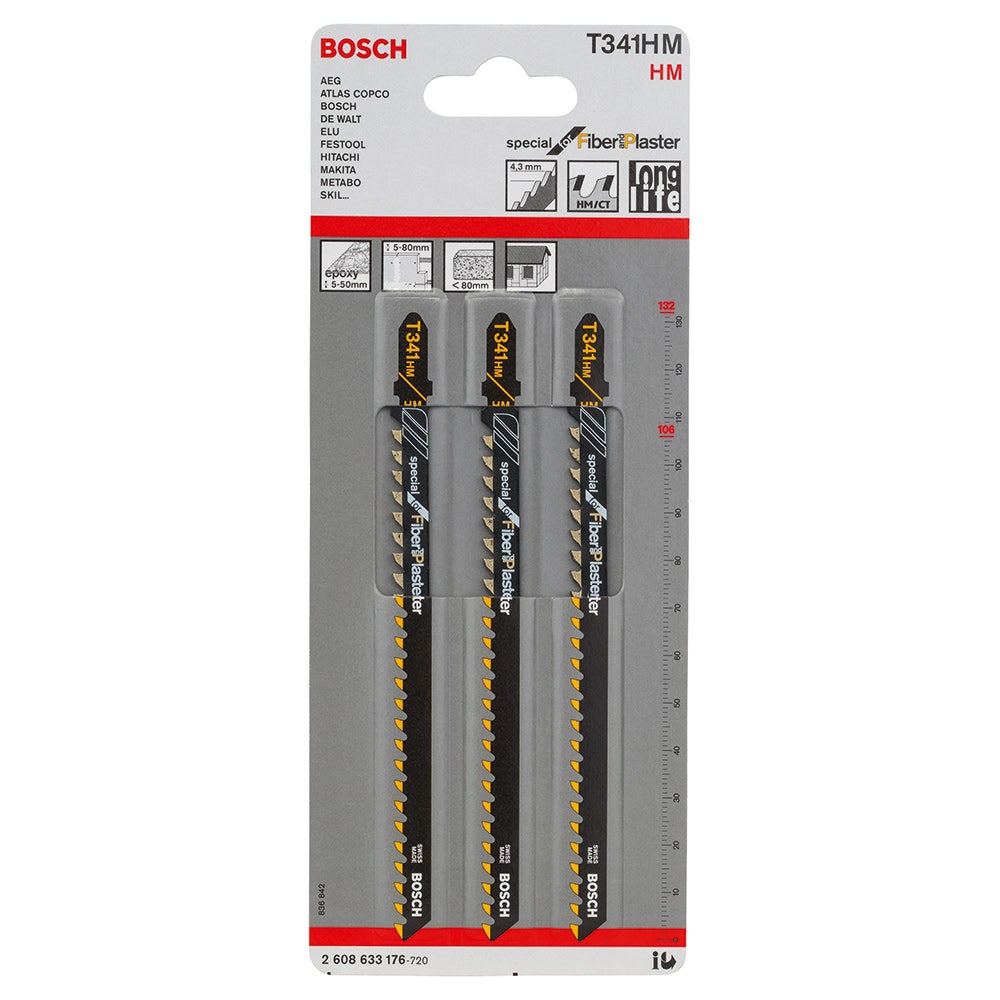 BOSCH Jigsaw Blade T-Shank Fibre Cement TCT 132mm - 3 Piece T341HM