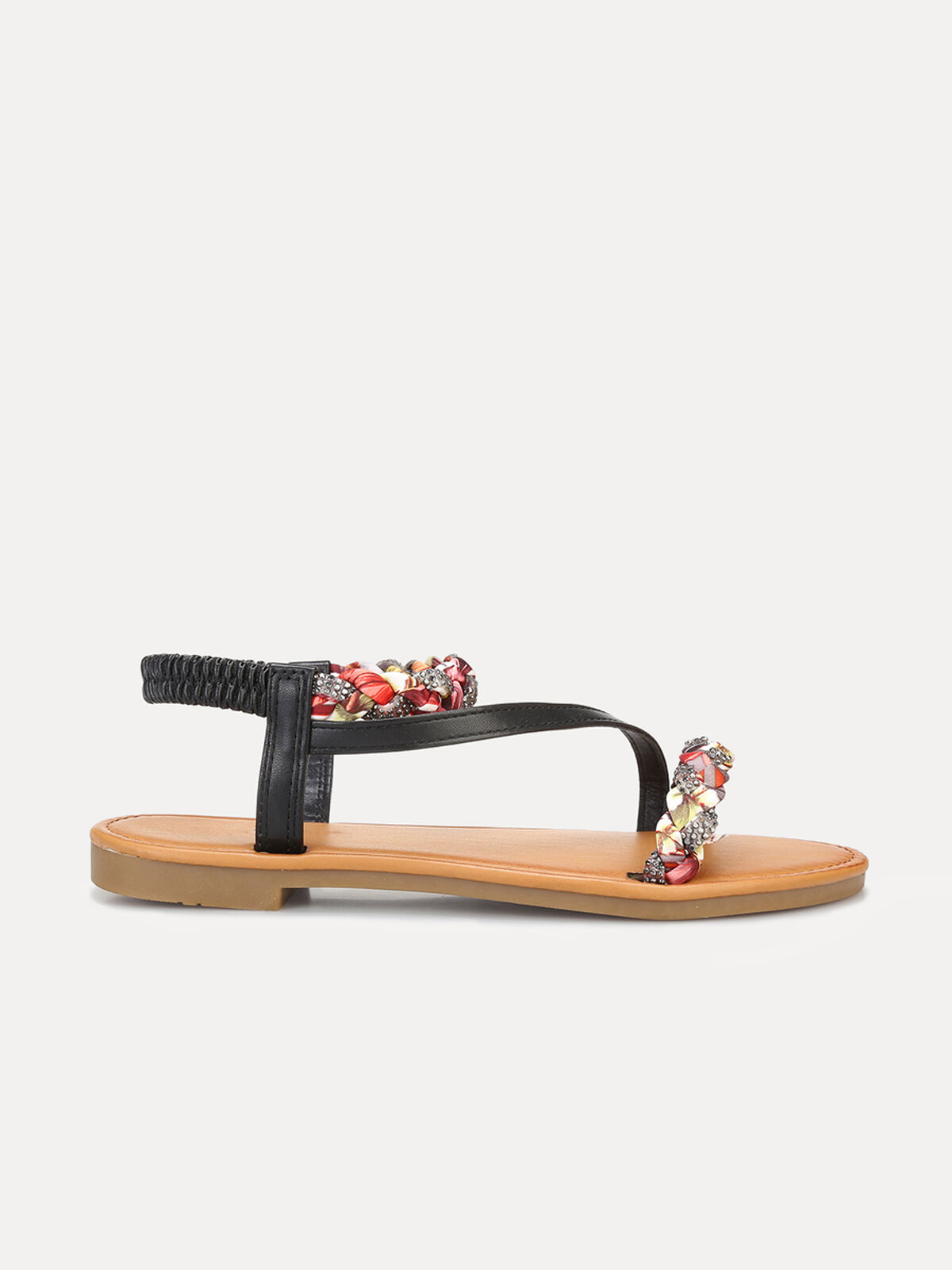 Sandales avec foulard tressé et strass- Noir