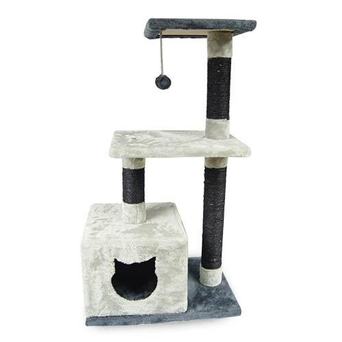 Arranhador com portinha para gatos e duas alturas, cor cinza.