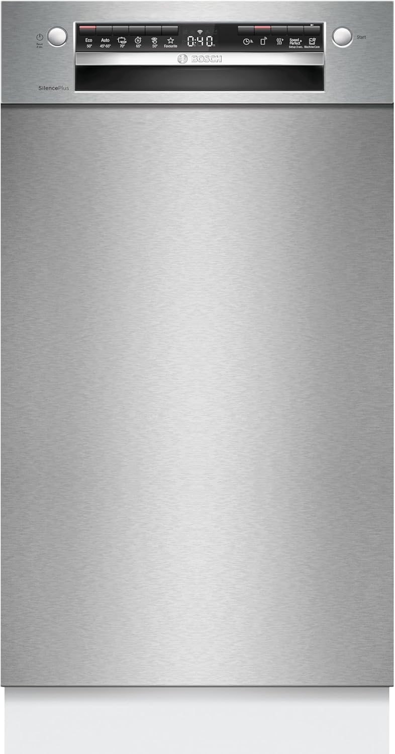 Bosch SPU4HMS10E, Serie 4, Smarter Unterbau-Geschirrspüler 45 cm, Besteckschublade, Extra Trocknen, SpeedPerfect Plus, hygienische Reinigung, Programmassistent, höhenverstellbarer Oberkorb, Edelstahl