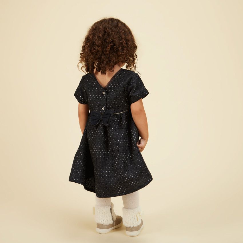Ensemble robe de fête en jacquard + bandeau pour bébé fille - Bleu marine