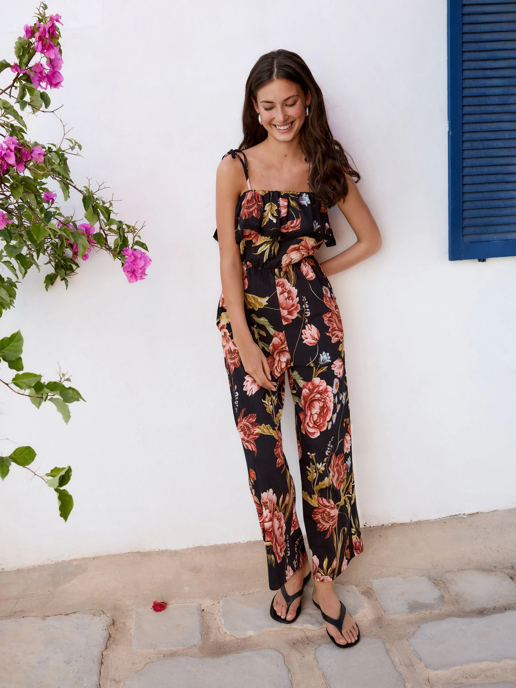 Zwart/roze - Bandeau-jumpsuit van jersey met wijde pijpen