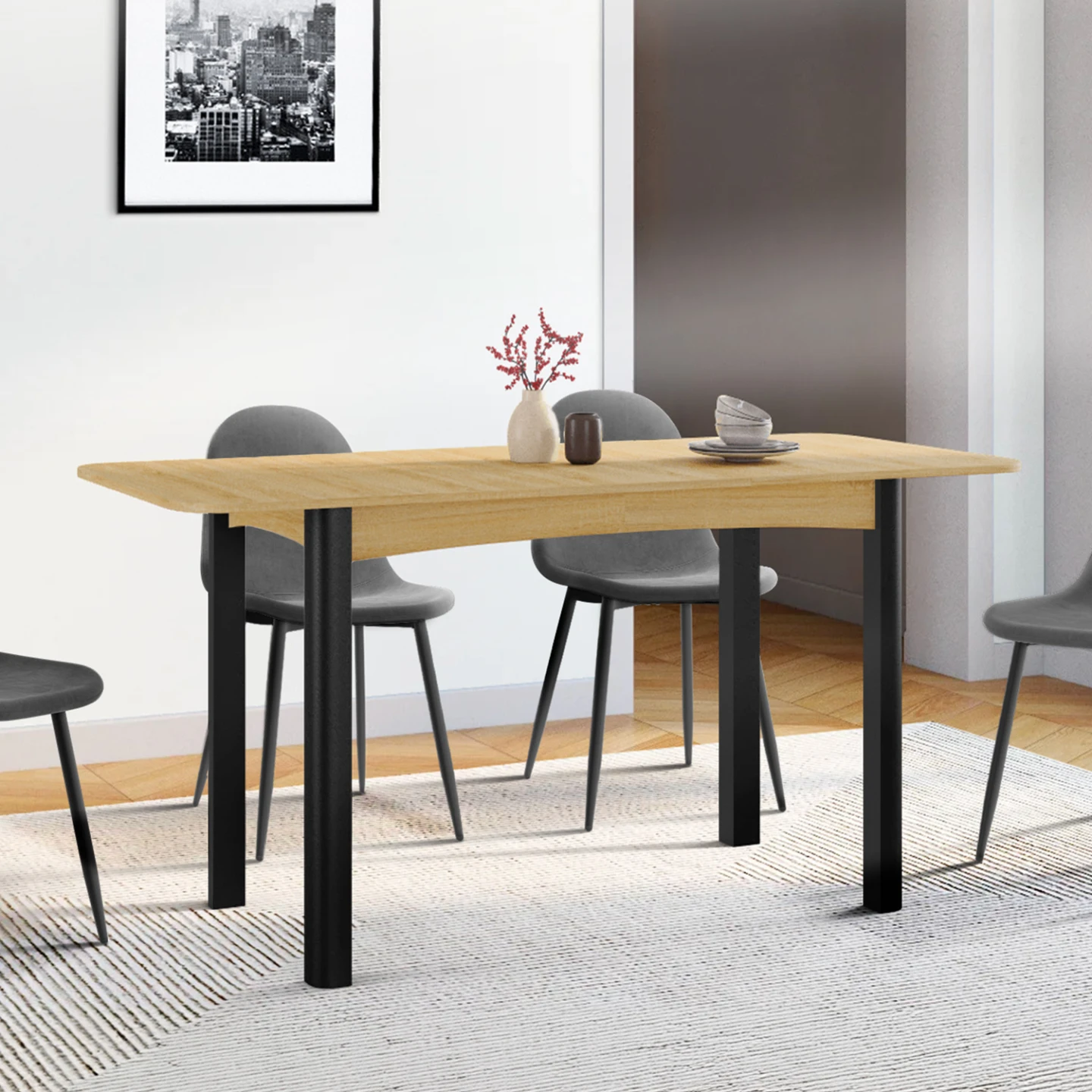 Table à manger extensible rectangle JUNE 4-8 personnes bois et noir 120-160 cm