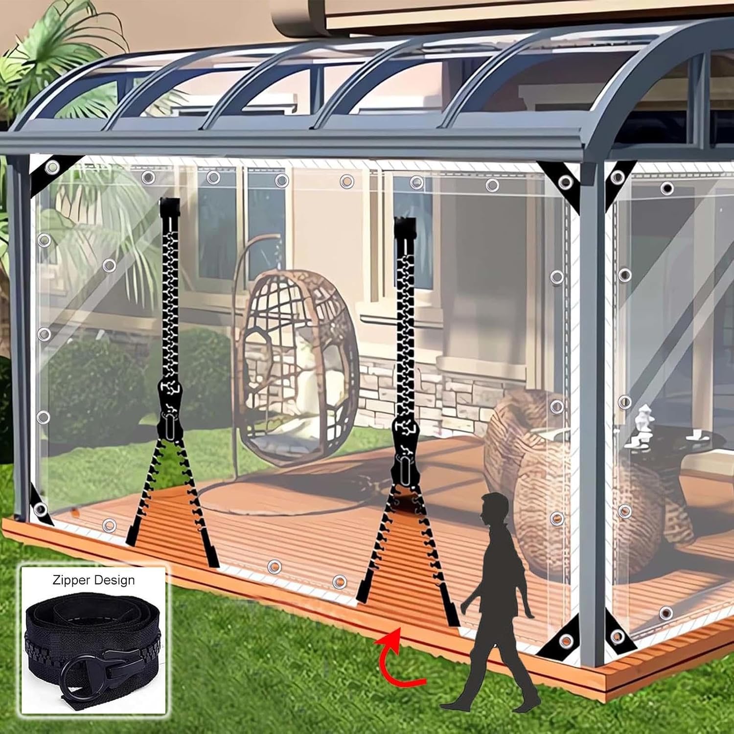 Outdoor Wasserdichte Durchsichtige Pergola Pavillon Abdeckplane mit Reißverschluss Tür Wetterfeste PVC Abdeckplane für Terrasse 2,7 * 1,8 m