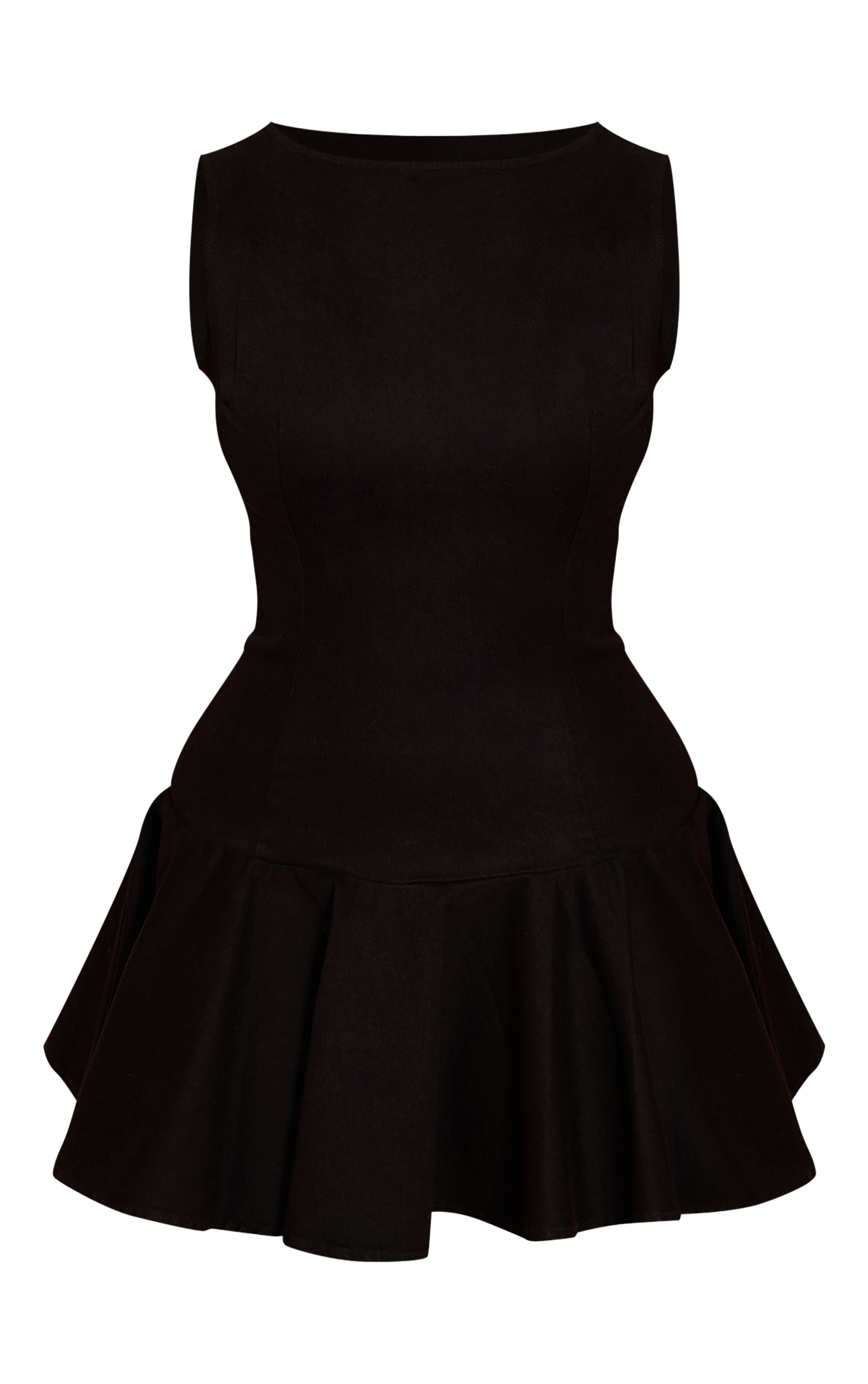 Noir Robe Mini En Denim Stretch À Encolure Bateau Et Ourlet Tombant Sculptante