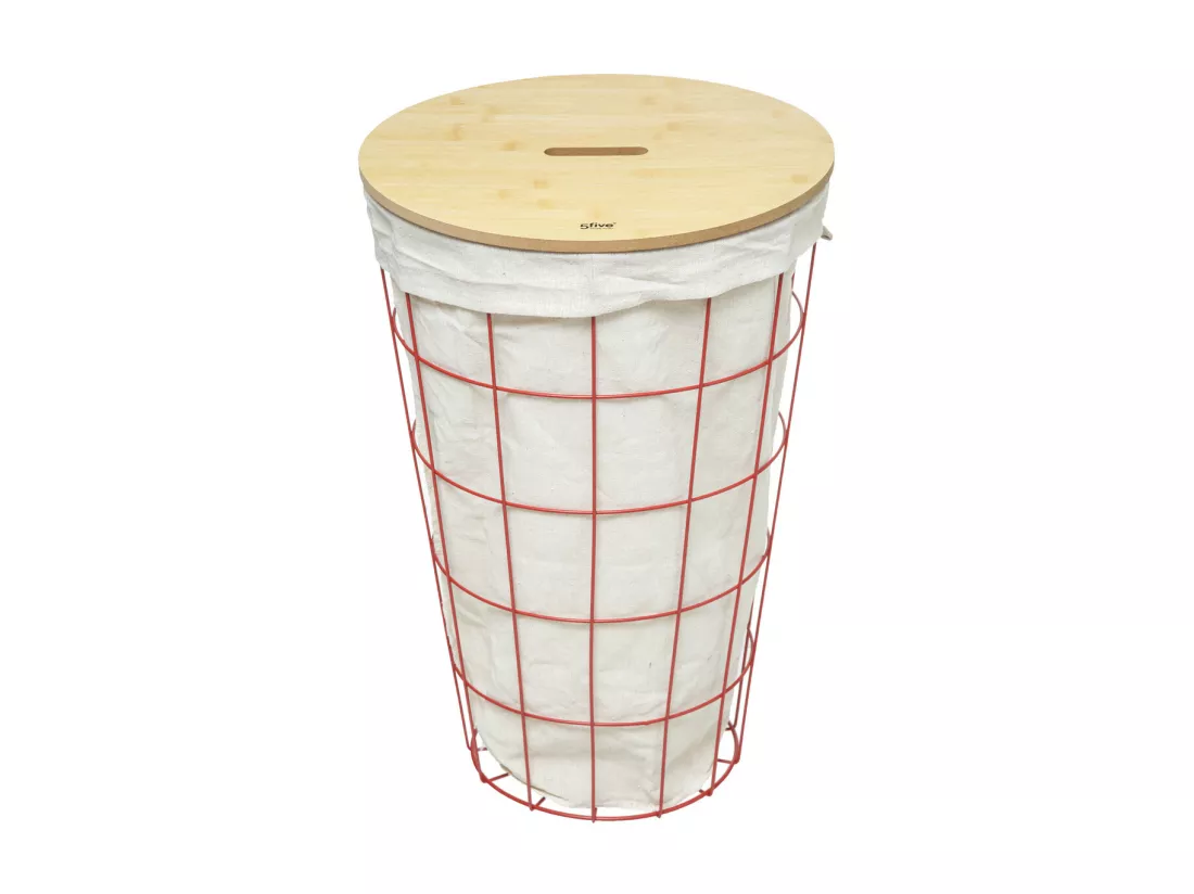 Panier à Linge 42L en métal Rose et couvercle en Bois
