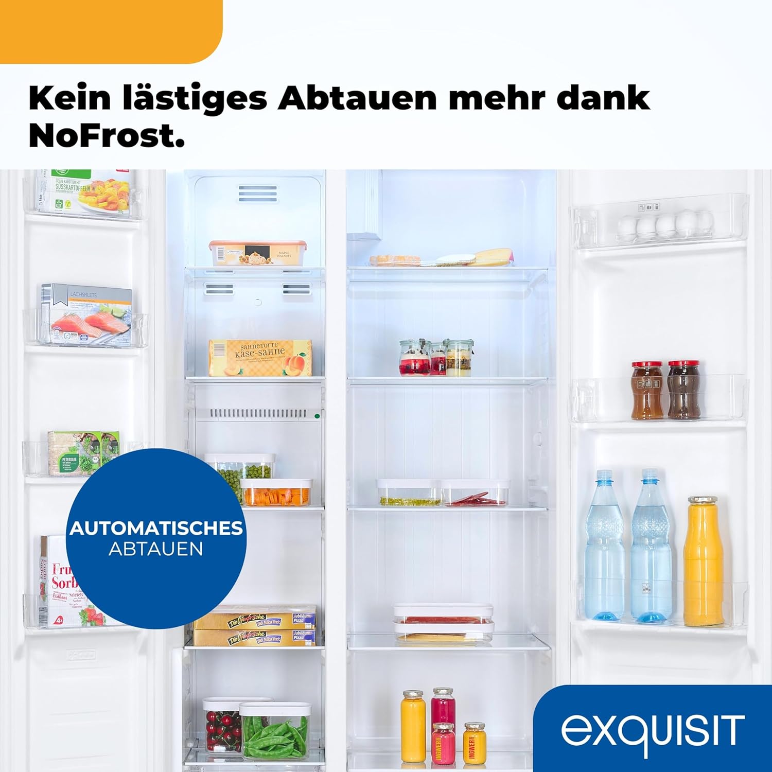 Exquisit Side-by-Side Kühl-Gefrierkombination, 442 Liter, No-Frost, LED-Display, 10 Ablagen, leiser Betrieb, 91 cm Breite, SBS546-040E weiss