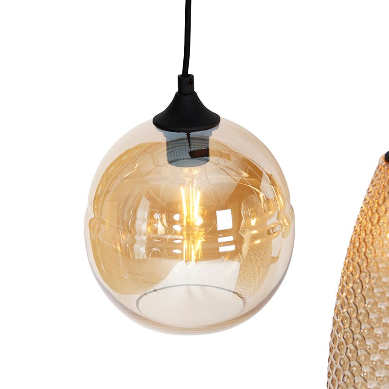 Art deco hanglamp zwart met amber glas 8-lichts - Hanne