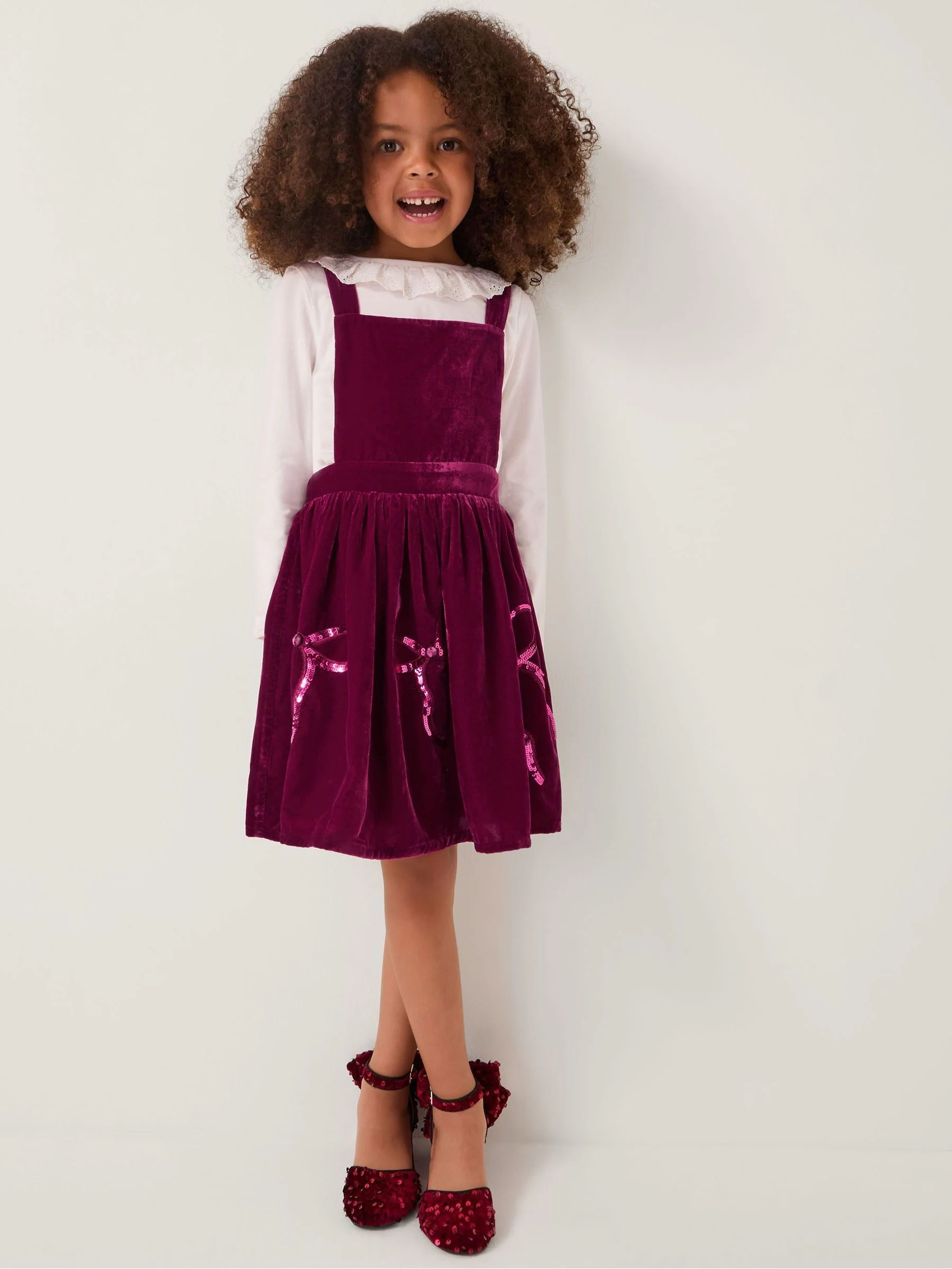 Monsoon Broderie Top & Bow Velvet Pinafore Dress Set