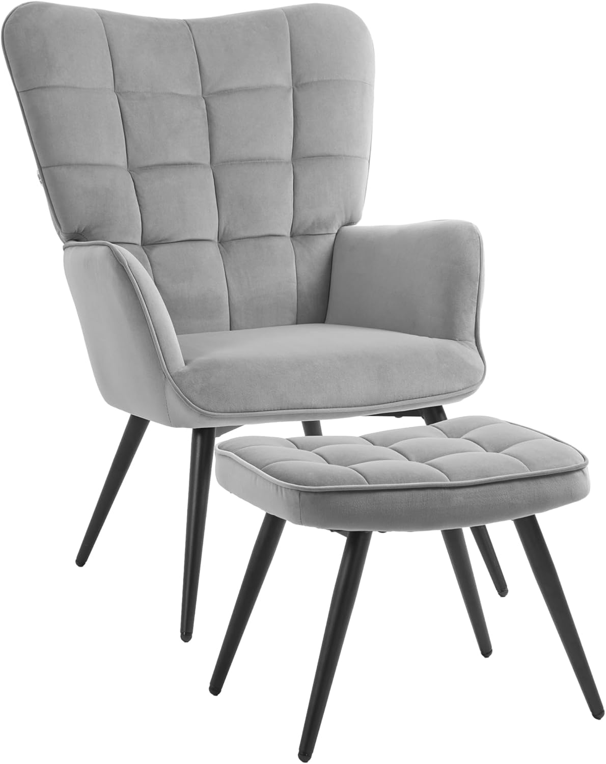HOMCOM Ohrensessel mit Hocker Sessel Loungesessel mit Samtoptik, Modern Relaxsessel, Fernsehsessel, Polstersessel für Wohnzimmer, Schlafzimmer, Hellgrau