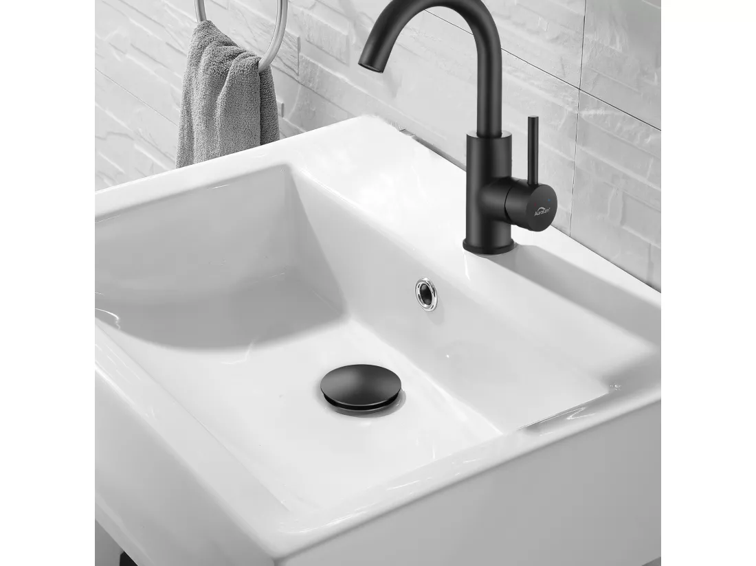 Mitigeur Lavabo,Robinet Salle Bain Noir Rotatif 360°,Aérateur Démotable+Bonde Lavabo Bonde Pop-up avec Trop-plein Automatique Universelle