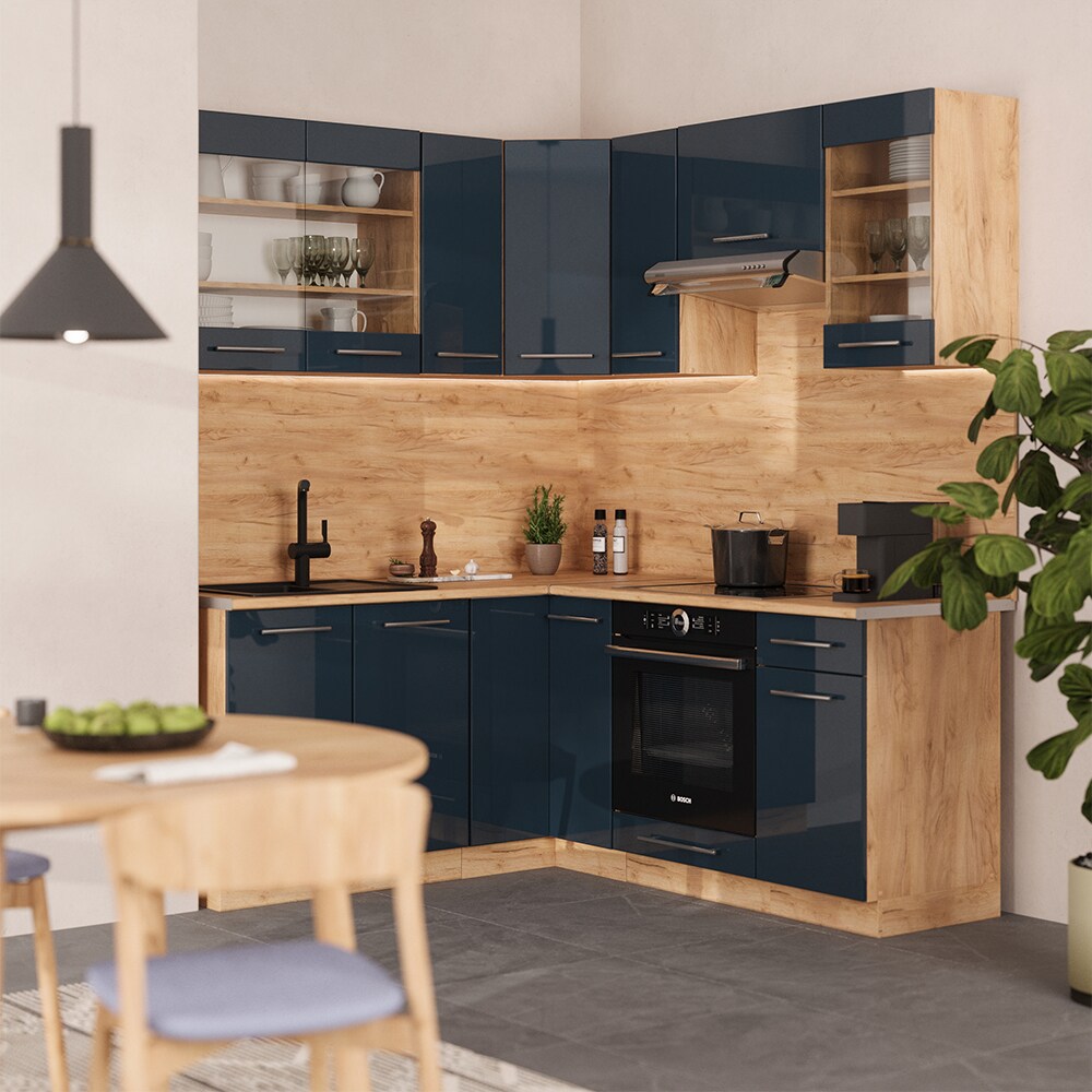 Vicco Eckküche Fame-Line Eiche Dunkelblau Hochglanz 160 x 190 cm ohne Arbeitsplatte