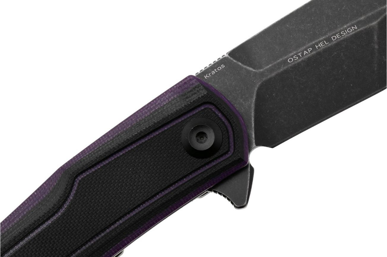 Tenable Knives Kratos T1024A3 Blackwashed Nitro-V, Black Purple G10, zakmes, Ostap Hel design