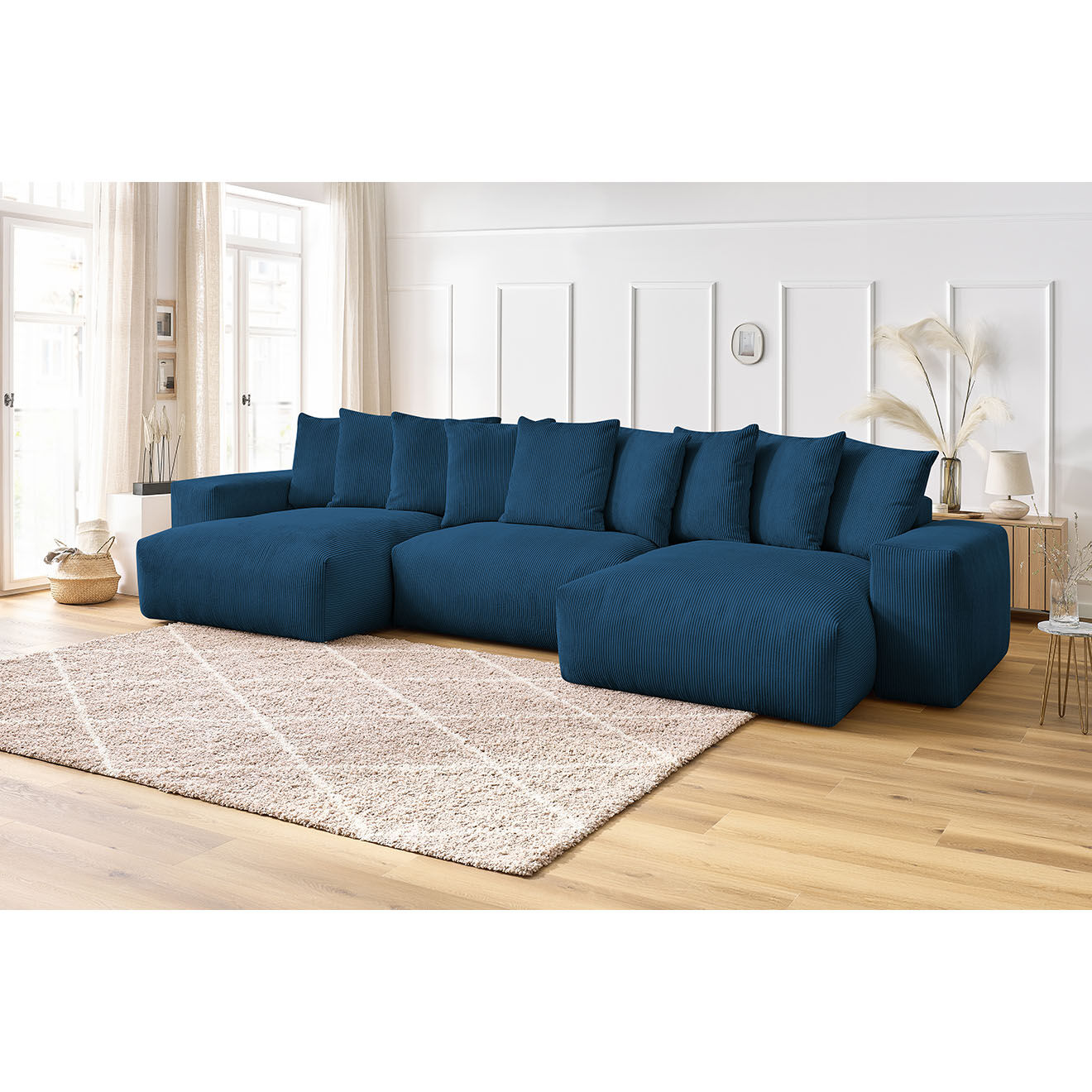 Bobochic Canapé panoramique fixe ultra moelleux voltaire velours côtelé bleu foncé - 420x174x75 cm