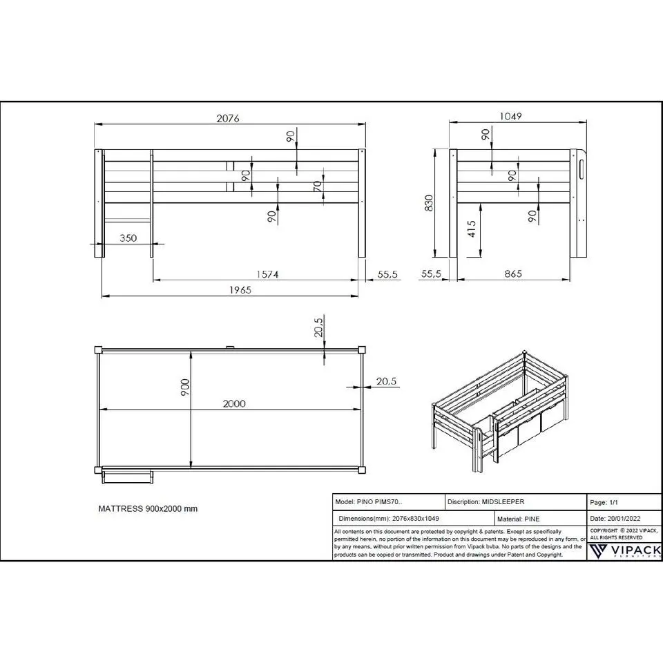Halfhoogslaper Pip 90 x 200 dennenhout - grijs