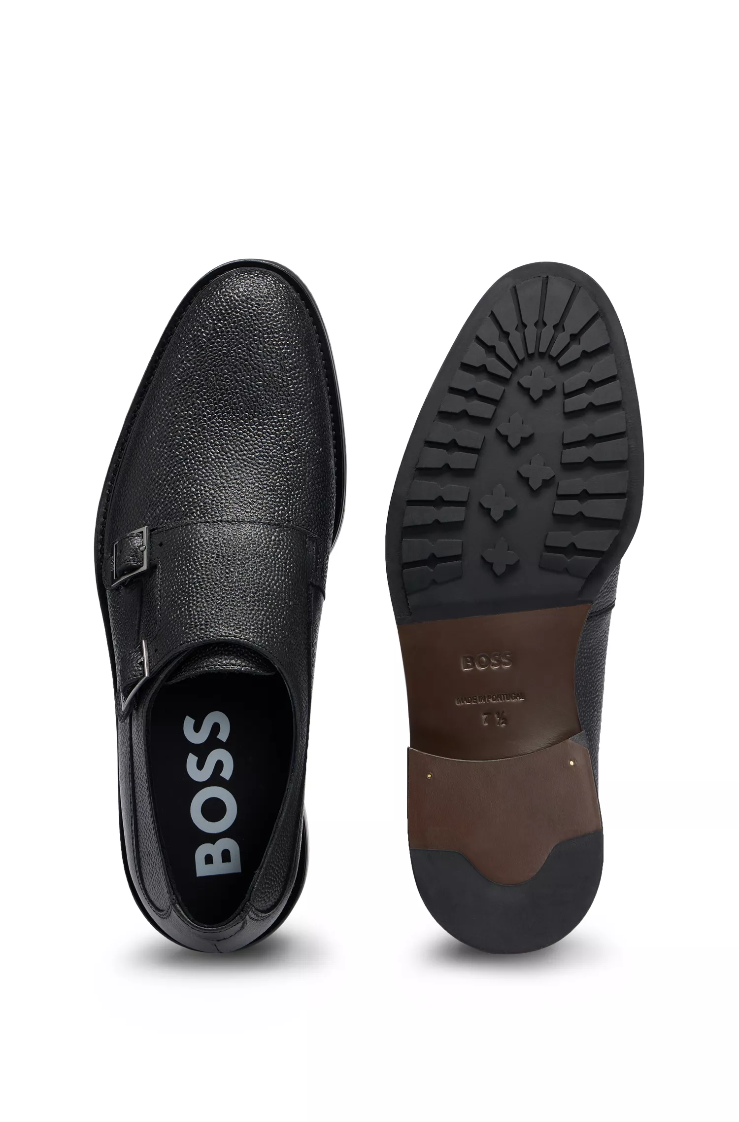 Sapatos BOSS estilo monk em couro granulado preto com tira dupla.