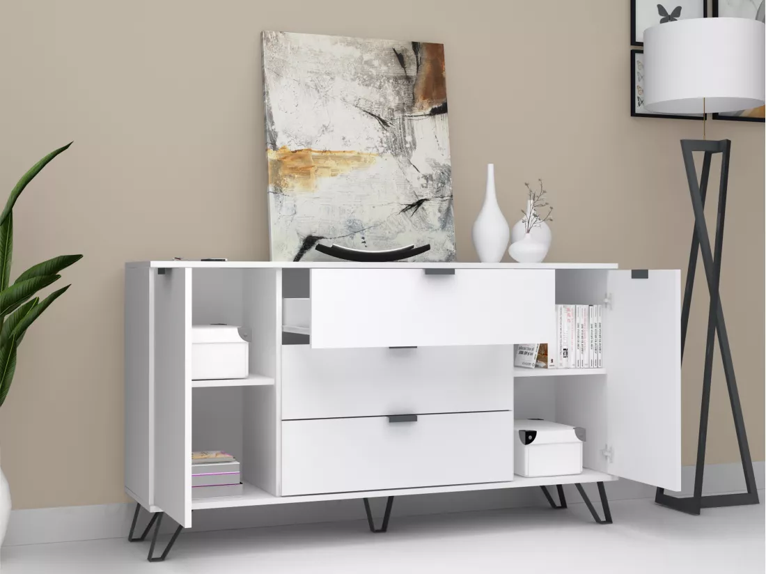 Buffet avec 2 portes et 3 tiroirs - Blanc et noir - MENODA