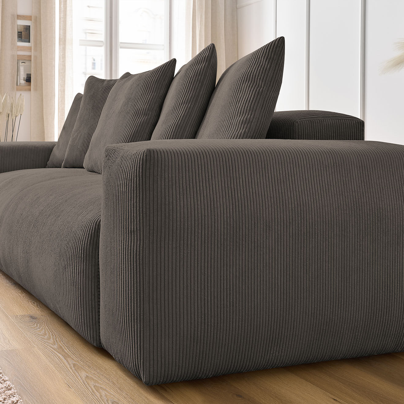 Bobochic Canapé droit fixe 3 places ultra moelleux voltaire velours côtelé taupe - 280x124x75 cm
