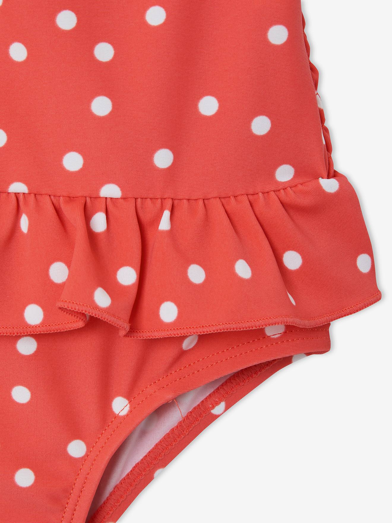 Maiô infantil com estampa de bolinhas, tamanho médio, rosa.