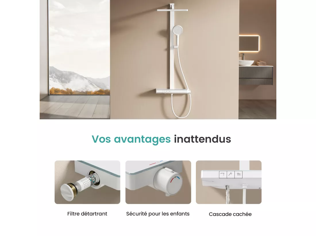 EMKE Colonne de douche Thermostat Ensemble de colonne de douche avec plaque thermostatique de 40 cm, douchette à effet pluie, Blanc
