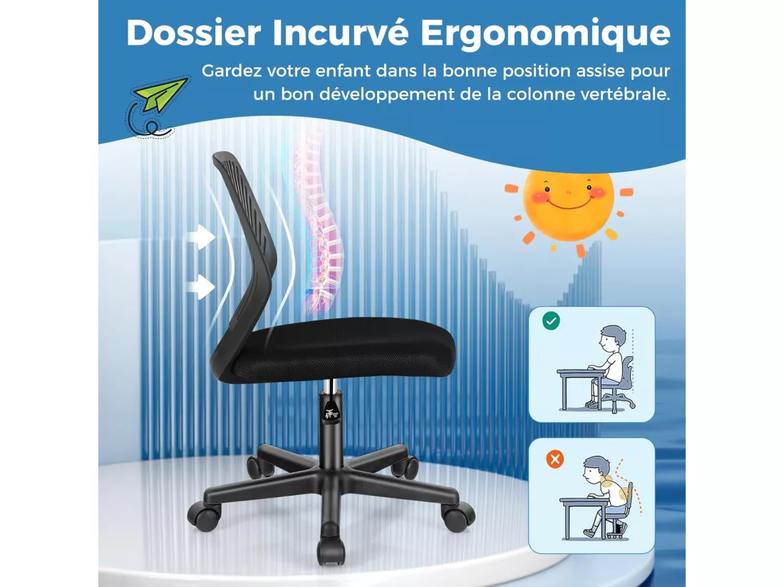 Chaise de Bureau Pivotante Enfants avec Hauteur Réglable 77-89cm, Siège à roulettes avec Dossier Ergonomique & Base à 5 Étoiles, Charge 150kg pour Enfant Adolescent Adulte(Noir)