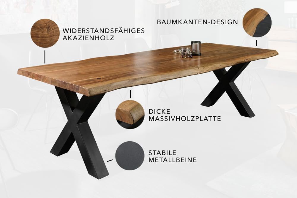 Riess Ambiente Massivholz Esstisch Mammut Nature 240cm Akazie Baumkante X-Gestell 6cm Tischplatte, Küchentisch, Holztisch, Esszimmertisch